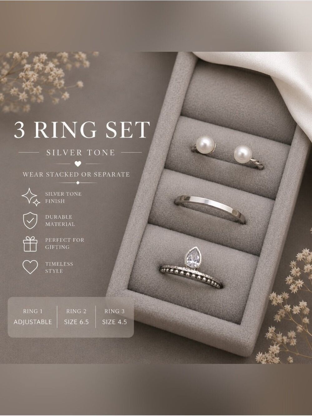 Silver Tone 3-Piece Women’s Ring Set with Pearl and Teardrop Stone